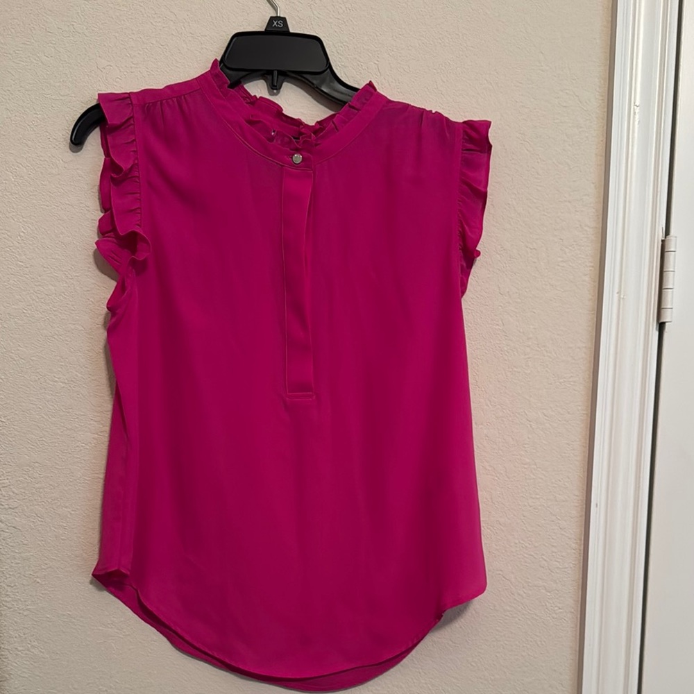 DKNY Pink and Black Ruffled Mandarin Collar Blouses